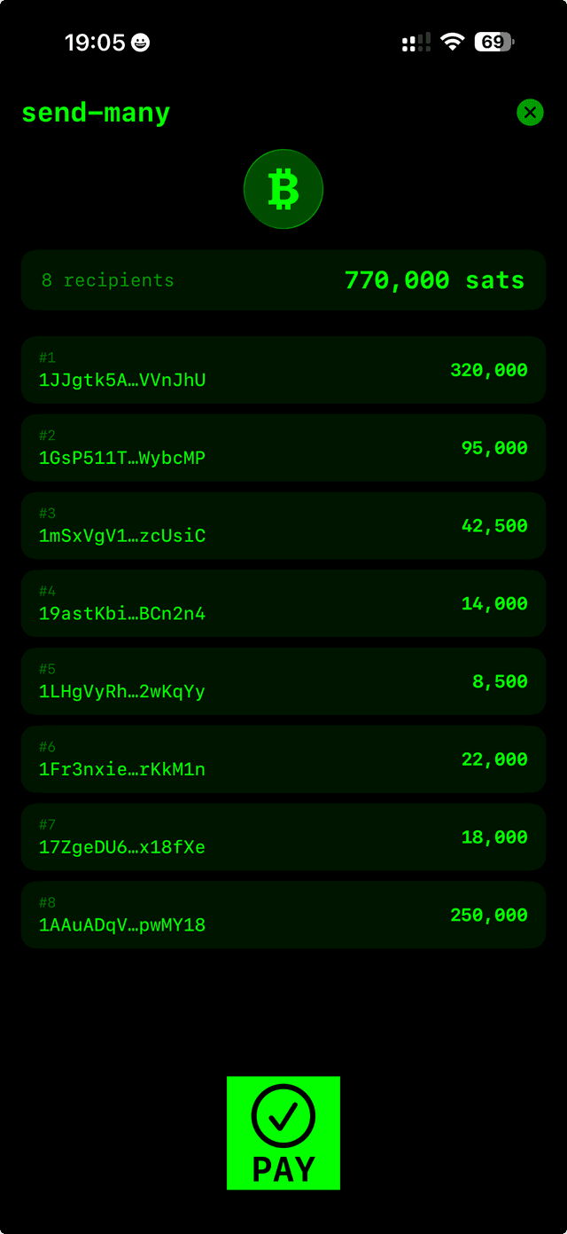 MultiPaySheet review surface — 8 recipients, 770,000 sats total, one Face ID approval. The user reviews the output set, taps the Bitcoin logo to inspect the raw hex if they want, then long-presses PAY to broadcast.
