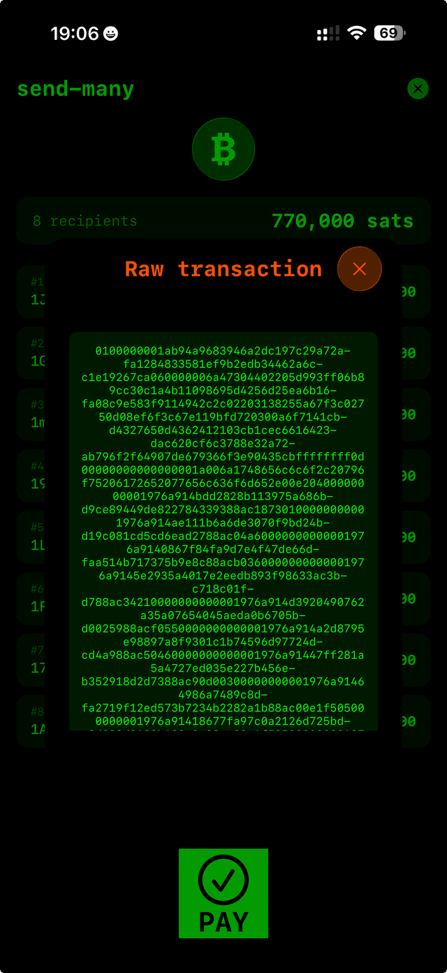 MultiPaySheet for an eight-recipient send-many, with the raw-transaction popup overlaid after tapping the Bitcoin logo. The hex of the 770,000-sat batched payment is shown in full before the user authorises broadcast.